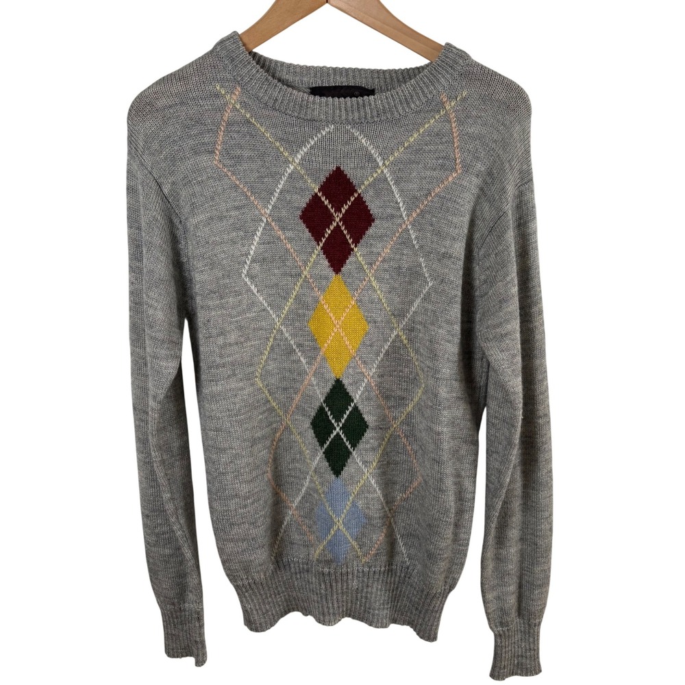 Vtg 1440 Argyle Sweater Gray Wool Blend Crew Neck Men's S Retro Grandpa Preppy‎